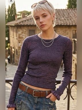 Euro Y2K Purple Whimsigoth Lurex Metallic Ruffle Hem Knit Sweater Top Sz S